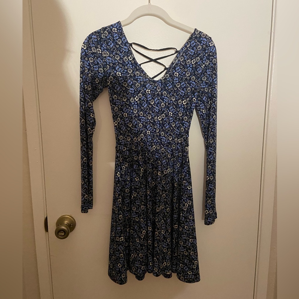 XS Blue Floral Mini Dress Long Sleeve